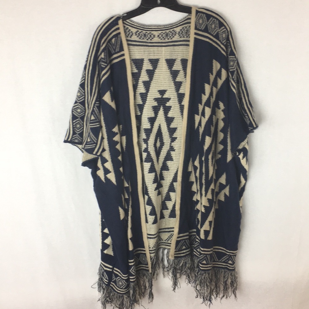 Taupe and blue tribal print poncho w/ fringe
